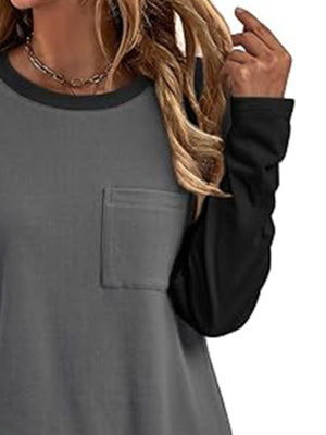 Gray and black long sleeve t-shirt with round neck and chest pocket