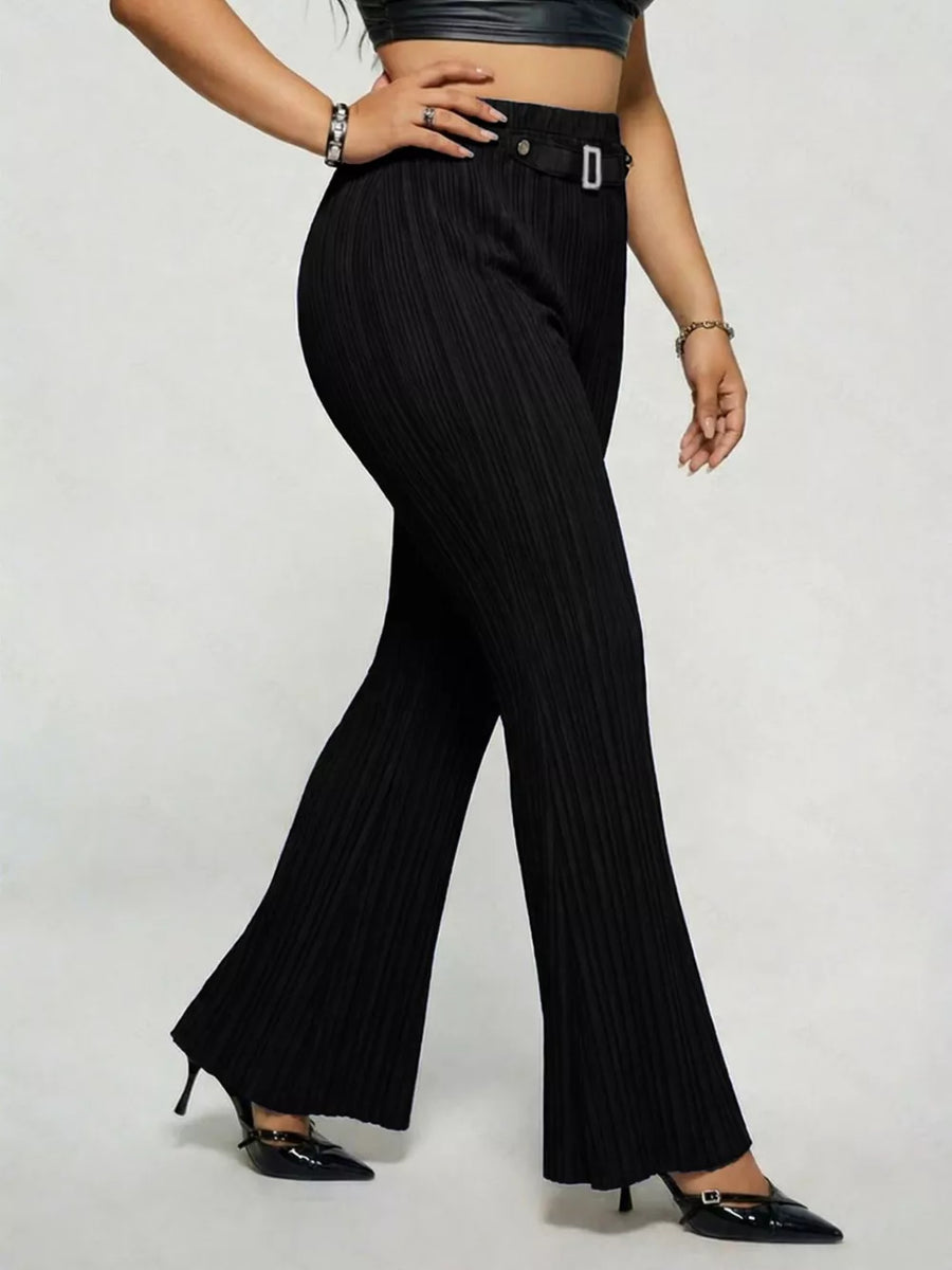 Black ribbed high-waist flare maternity trousers with buckle detail and wide leg