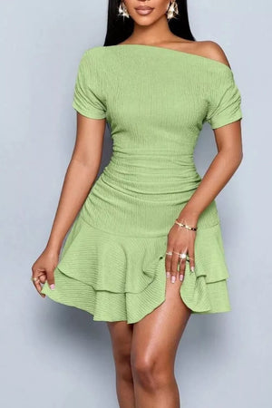 Gum Leaf one-shoulder tiered ruffle dress with ruched bodice and short sleeves.