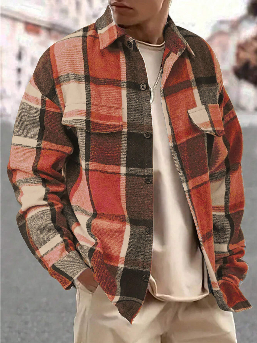 rust button-up shirt with plaid and collared