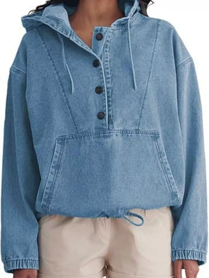 95%cotton, 5%spandex Care instructions: Machine wash cold pullover hoodie in Dark Blue with relaxed silhouette