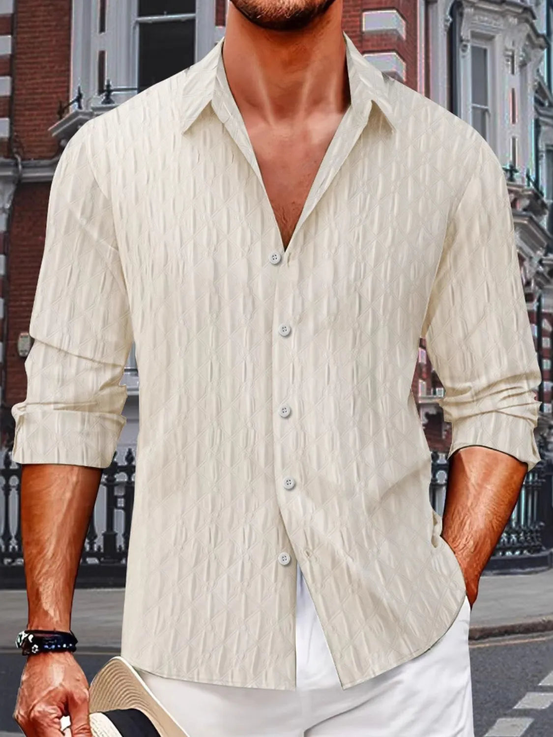 Textured weave ivory relaxed fit button-down shirt with a spread collar.