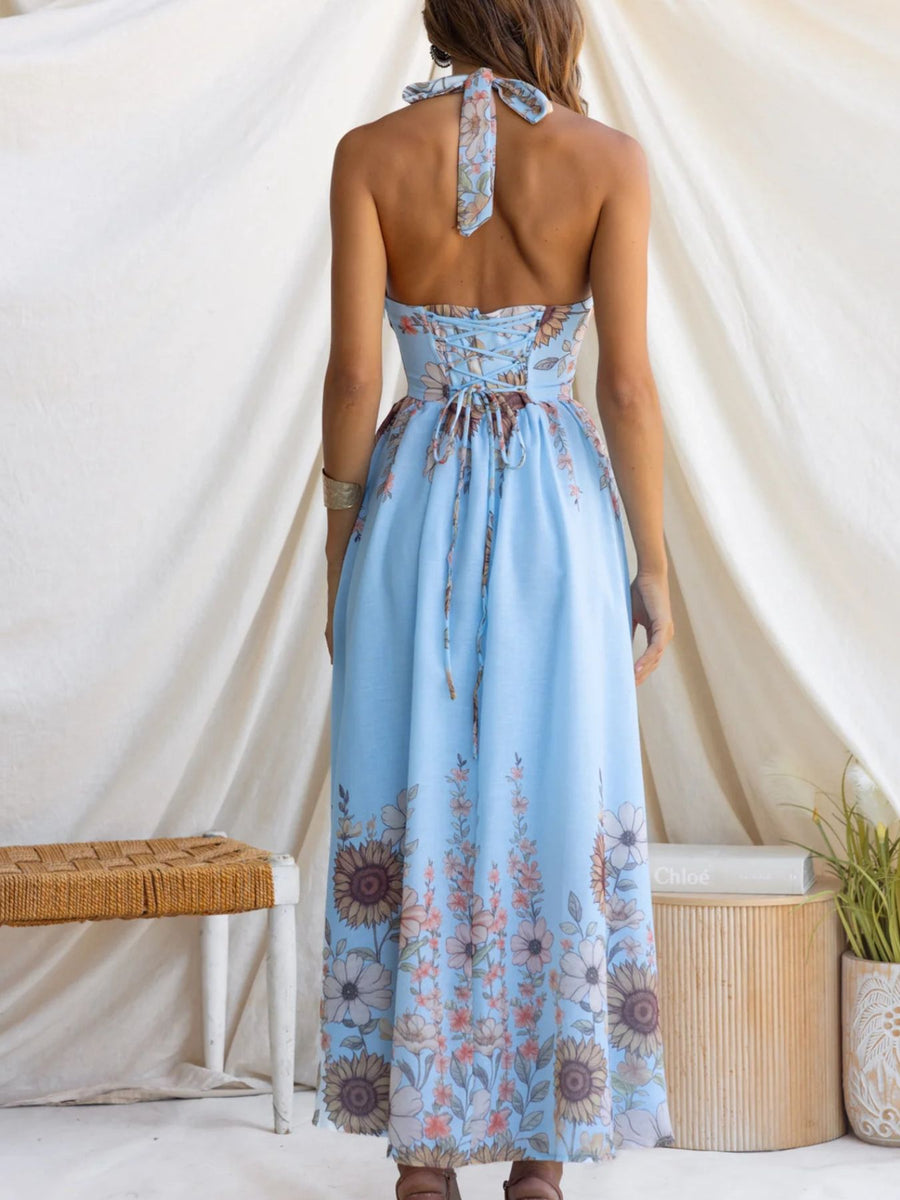 Blue floral halter neck maxi dress with lace-up back detail