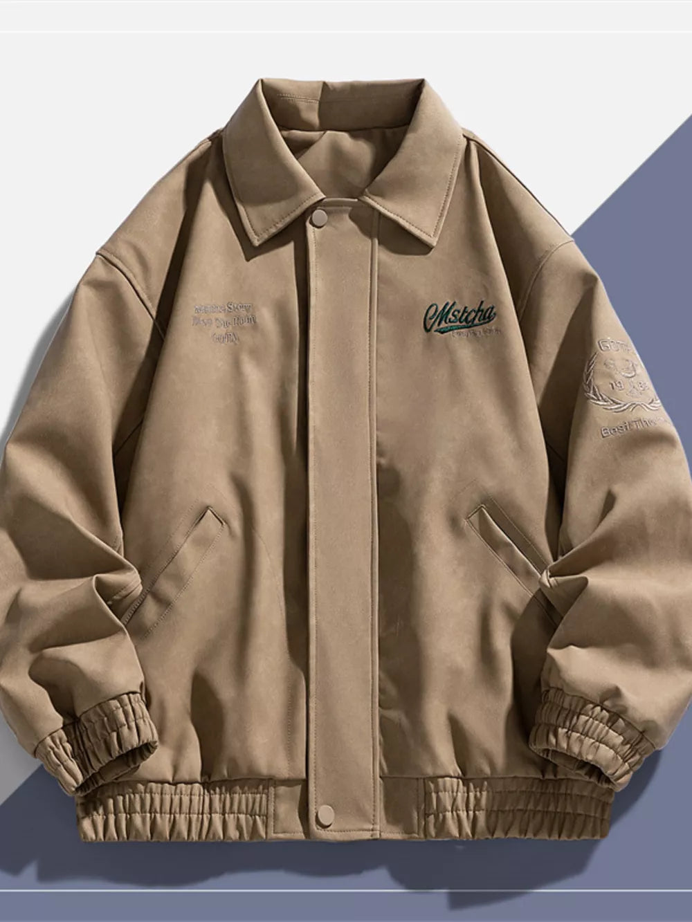 Khaki embroidered casual coat with elastic cuffs and classic collar.