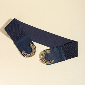 Dark blue stretch waist belt with double C gold buckle detail