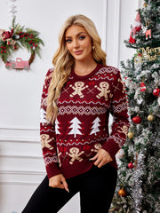 Burgundy acrylic knit sweater with gingerbread man and Christmas tree Fair Isle pattern.