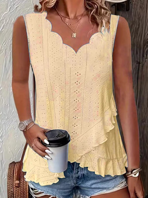 White V-neck Eyelet Ruffled Tank Top
