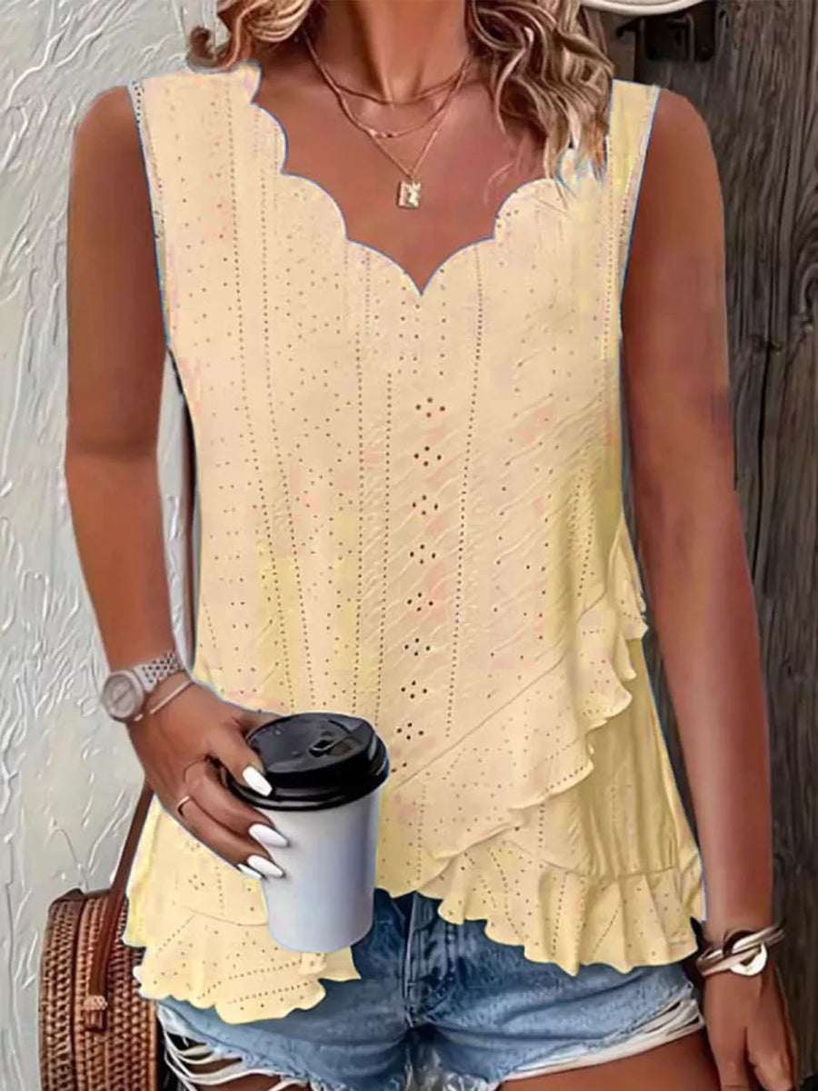 White V-neck Eyelet Ruffled Tank Top
