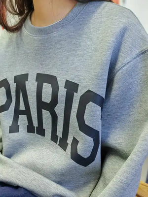 Gray crewneck sweatshirt with black Paris graphic print