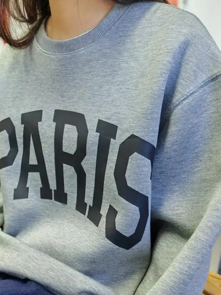 Gray crewneck sweatshirt with black Paris graphic print