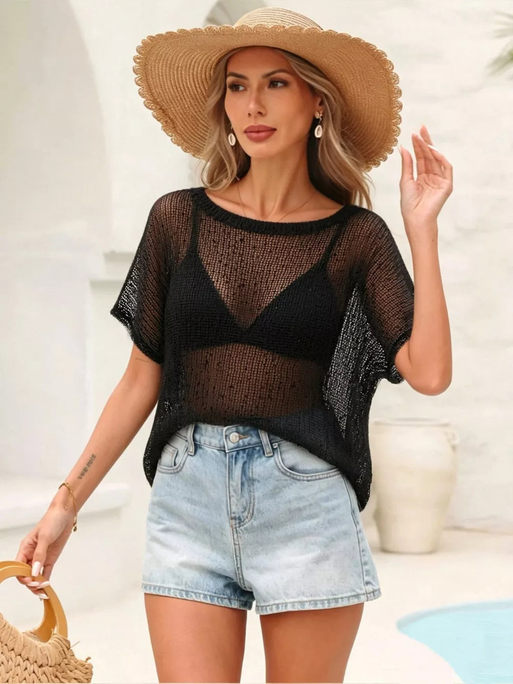 Black crochet knit swim cover-up with openwork detail and short sleeves.