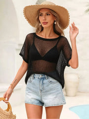 Black crochet knit swim cover-up with openwork detail and short sleeves.
