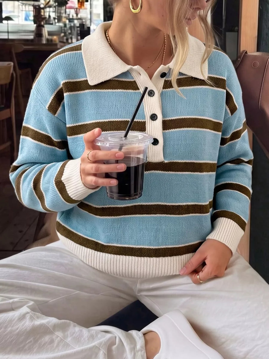 Blue Striped Polo Collar Sweater
