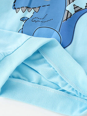 Pastel blue crew neck sweatshirt with a blue dinosaur graphic and ribbed cuffs.
