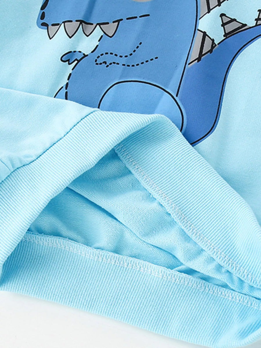 Pastel blue crew neck sweatshirt with a blue dinosaur graphic and ribbed cuffs.