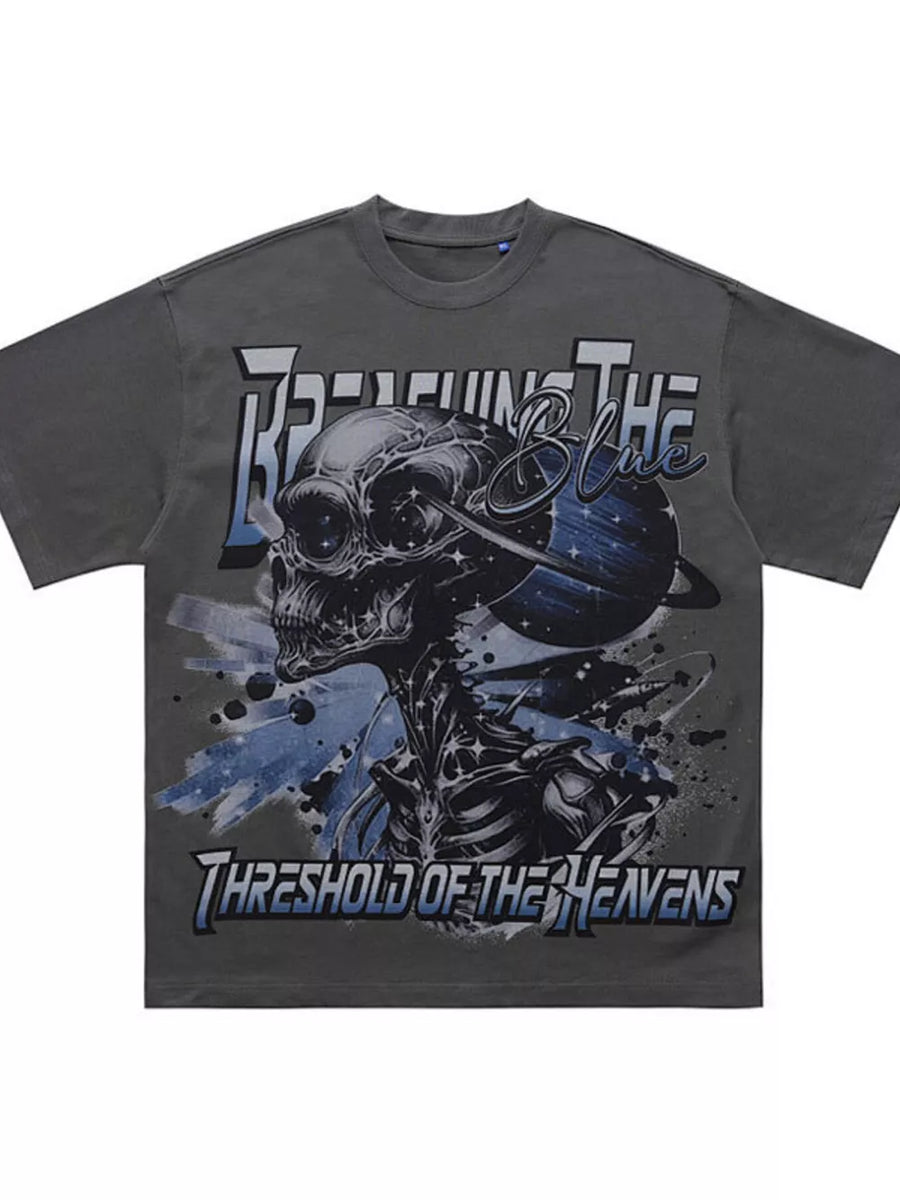 Grey t-shirt with bold skull graphic and text "BREACHING THE BLUE THRESHOLD OF THE HEAVENS