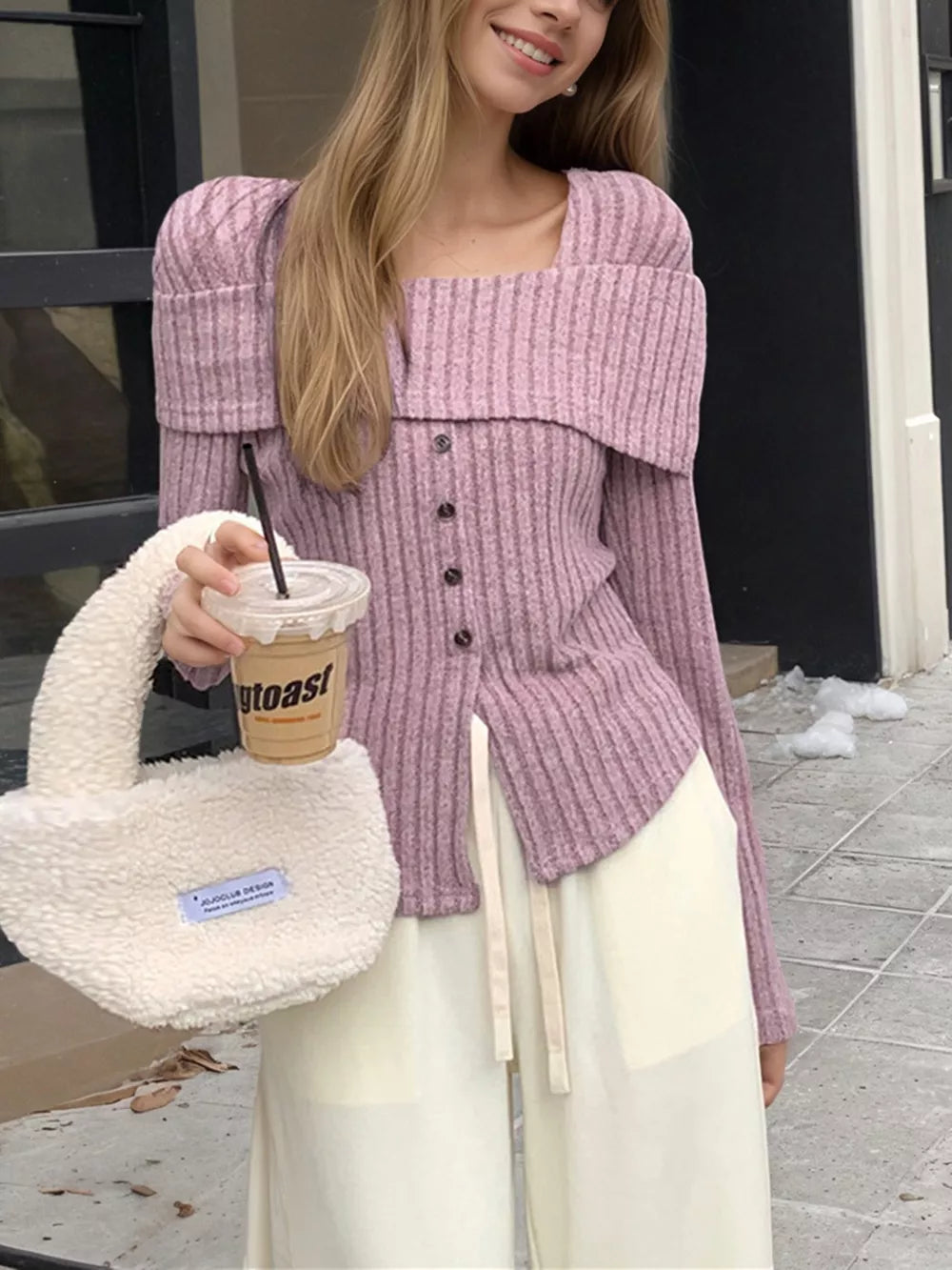 Lilac Ribbed Square Neck Long Sleeve Crop Top
