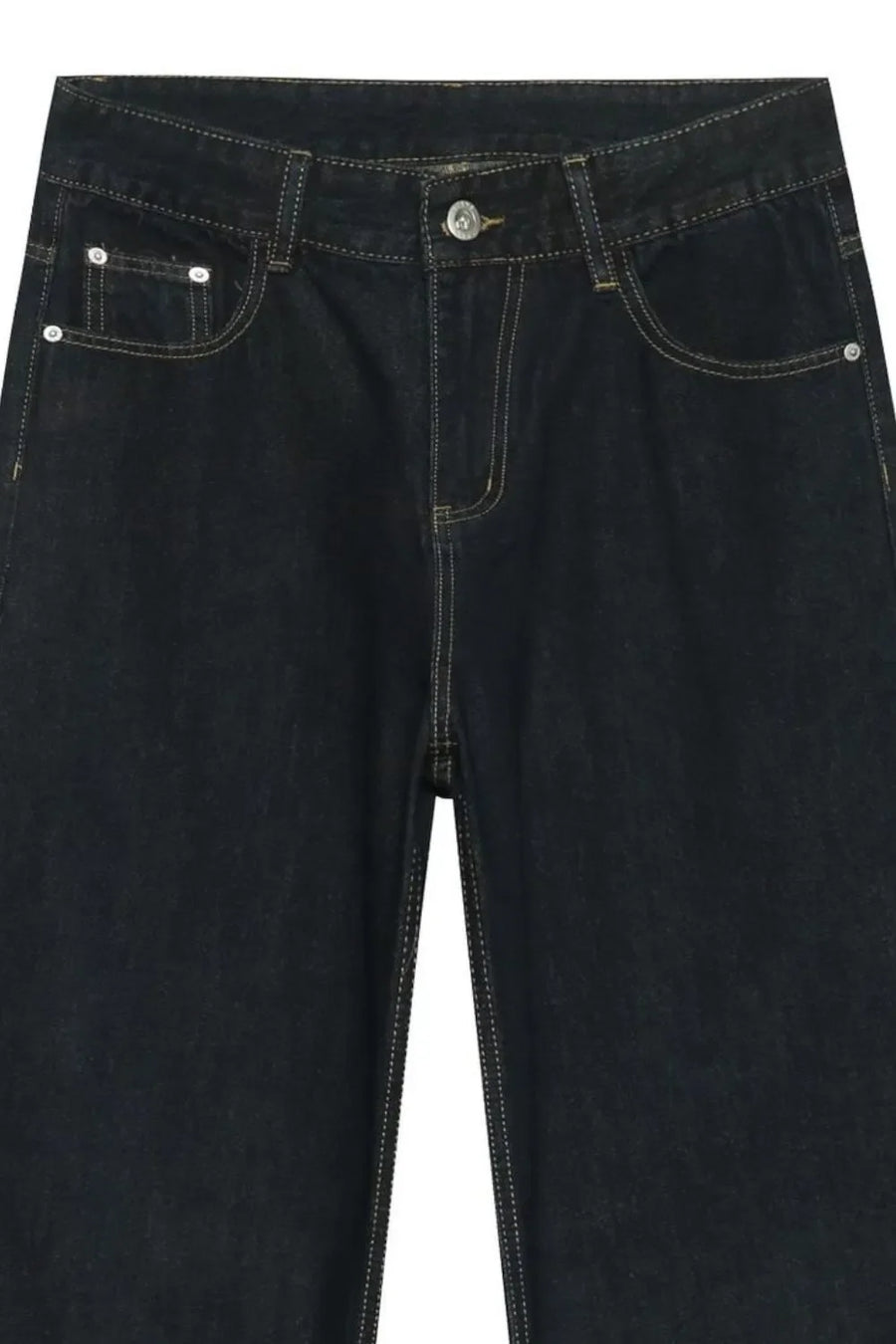 Dark denim exaggerated wide leg trousers with visible stitching and button fly.