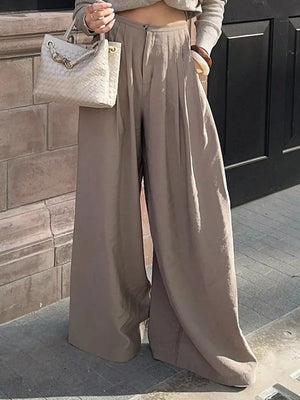 Khaki Wide-leg Pleated Pants