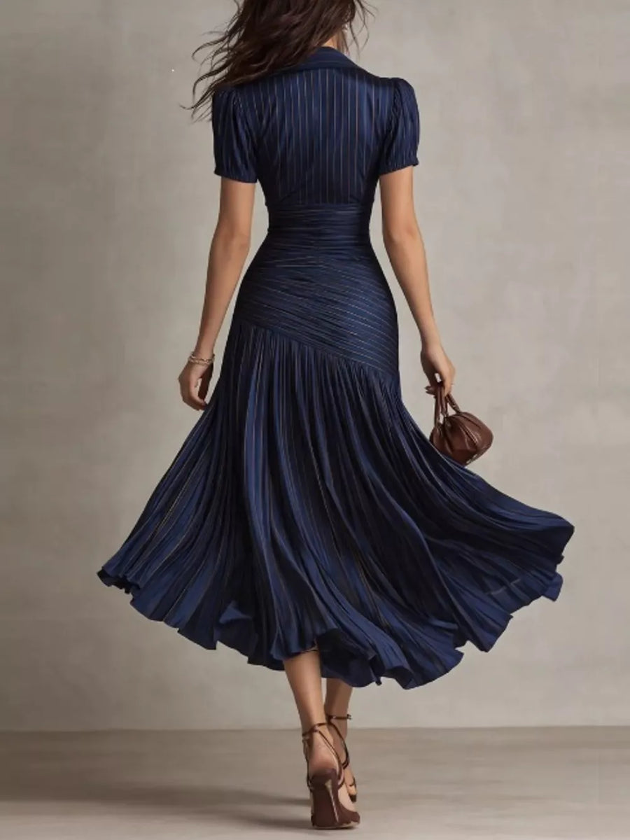Navy blue pinstripe midi dress with short sleeves, a collared neckline, and a pleated skirt.