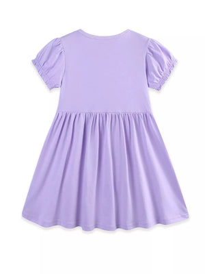 Lavender cotton toddler dress with puff sleeves and gathered skirt