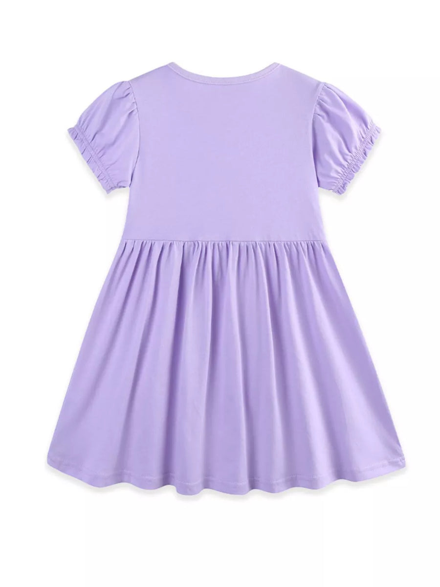 Lavender cotton toddler dress with puff sleeves and gathered skirt