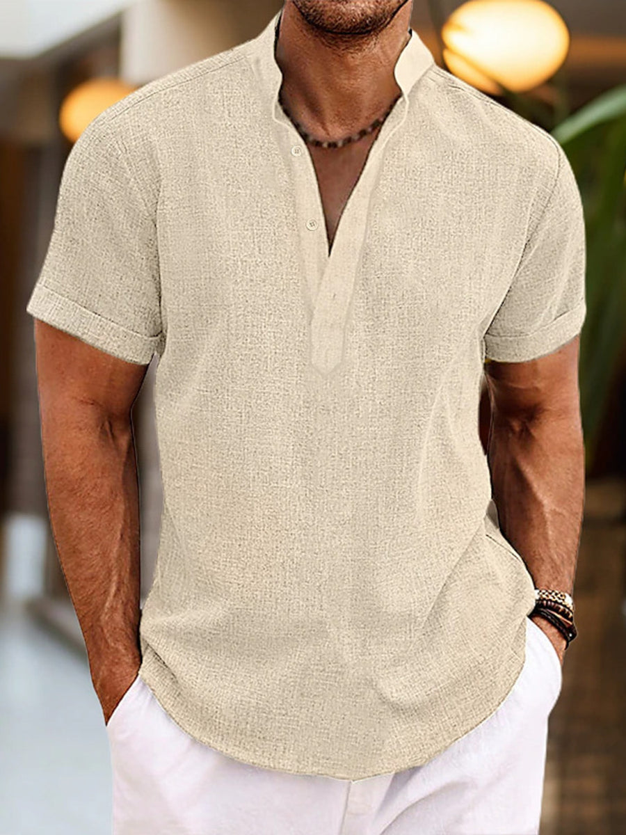 Men's Khaki Short Sleeve Henley Shirt with buttoned placket and rolled cuffs