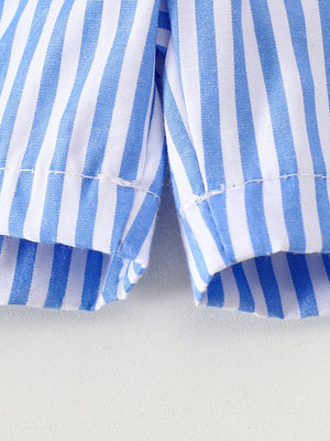Baby blue and white striped cotton shorts with rolled cuffs.