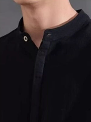 Black cotton short sleeve shirt with band collar and button detail