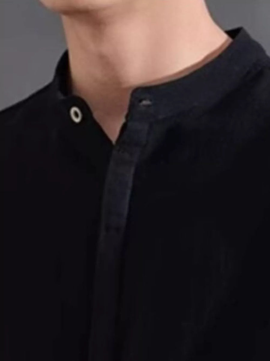 Black cotton short sleeve shirt with band collar and button detail