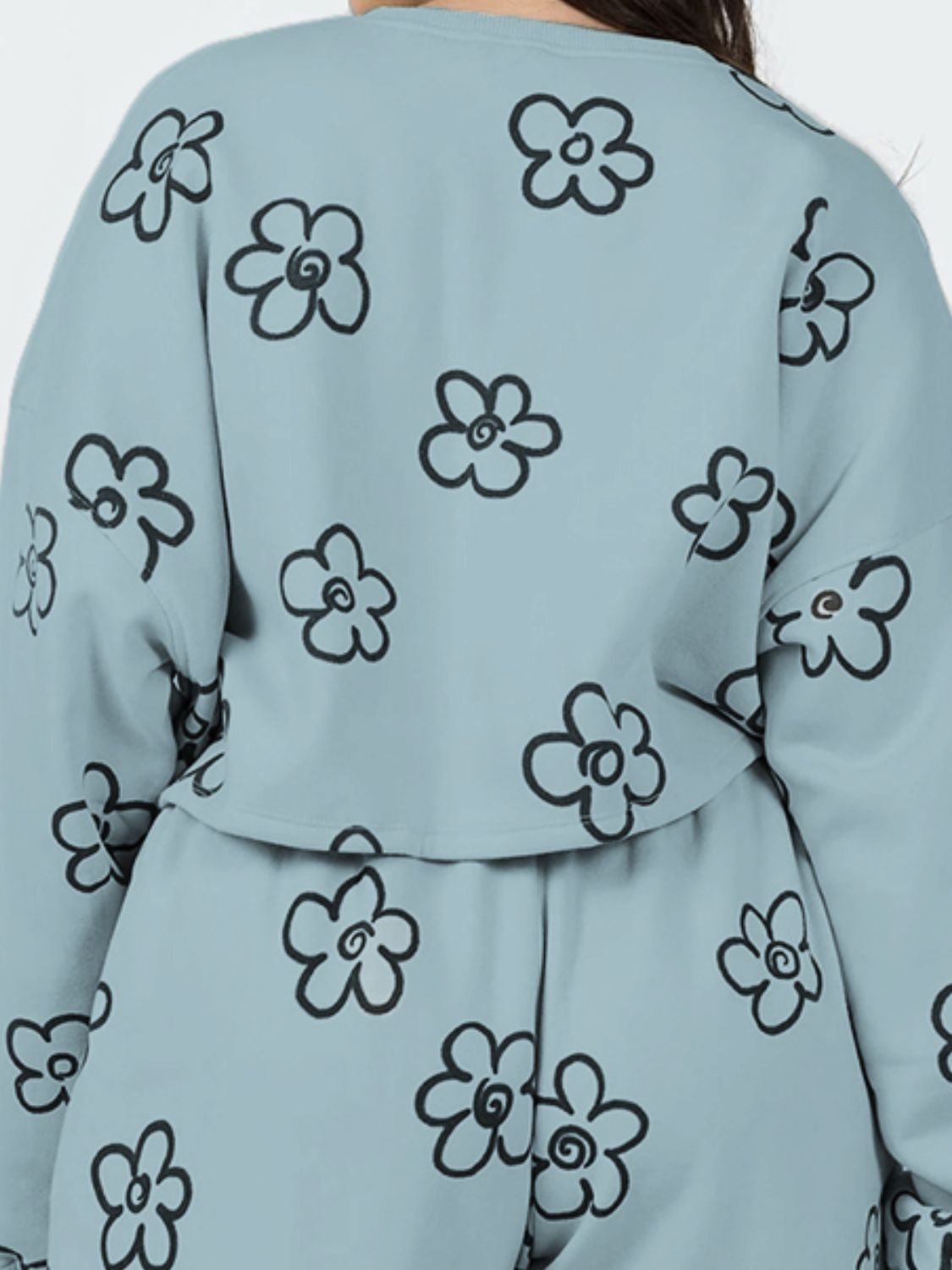 Teal cropped lounge set with black drawn floral pattern