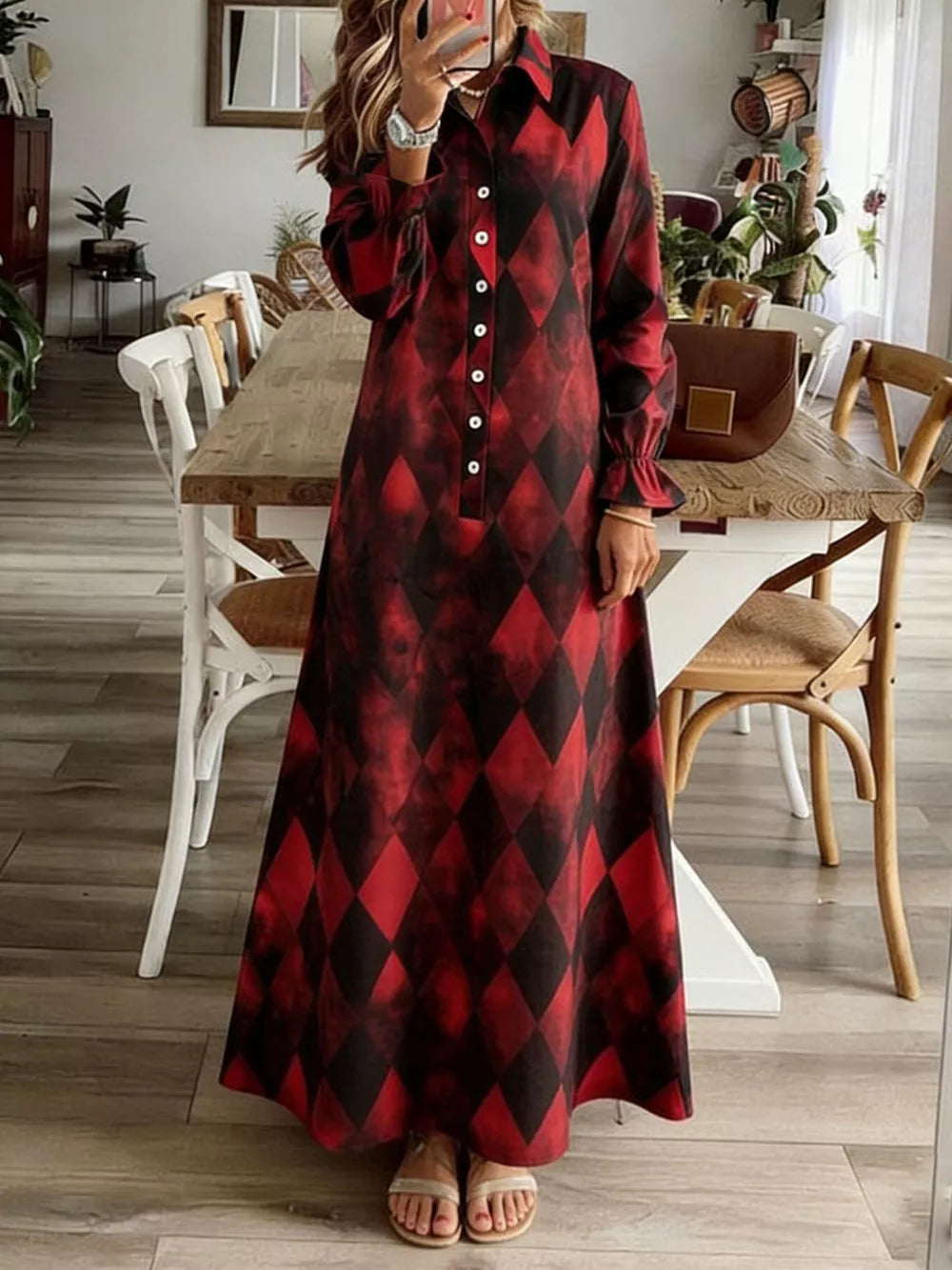 black shirt dress featuring buttoned and argyle