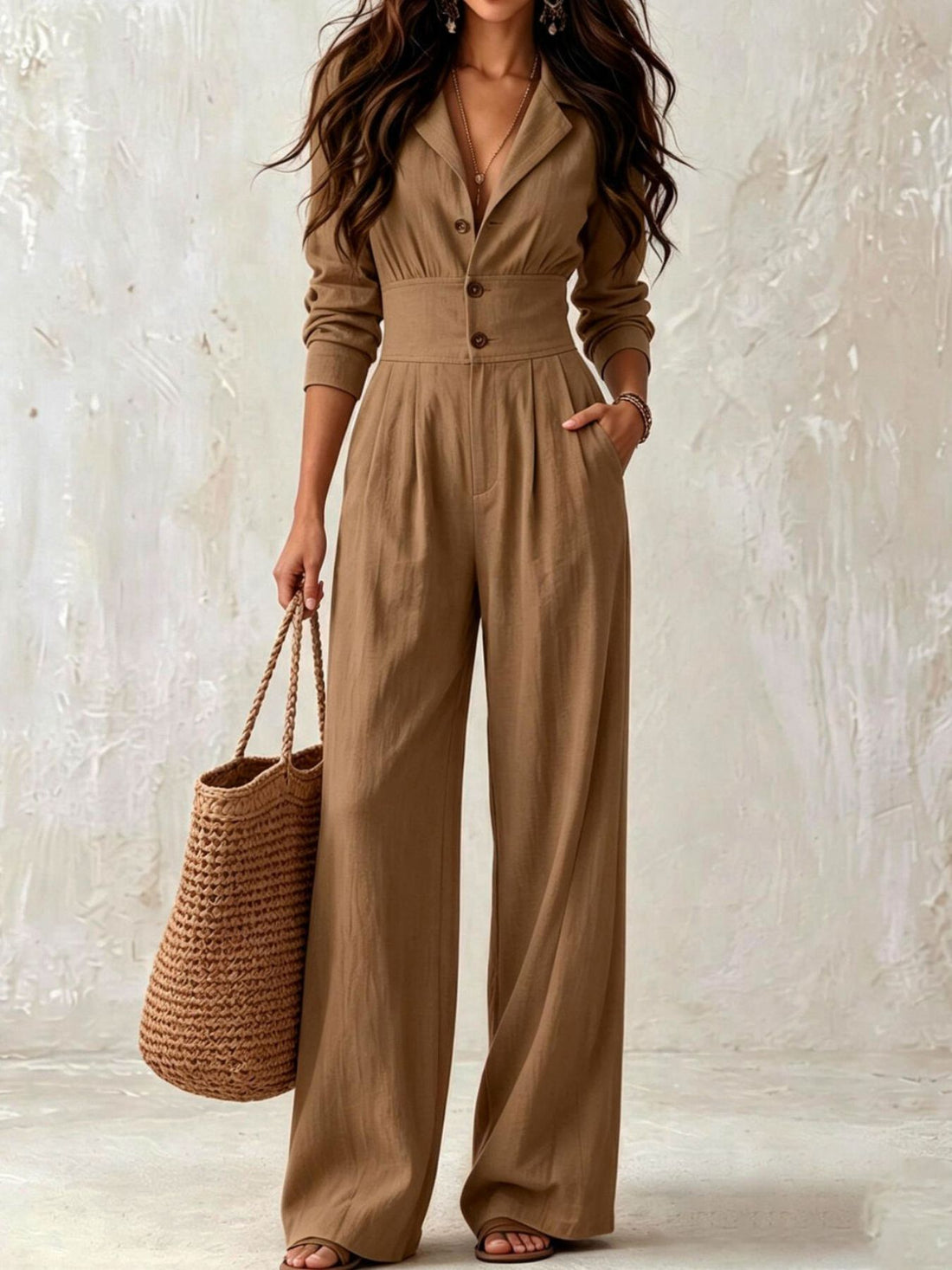 khaki jumpsuit with full-length and button-front