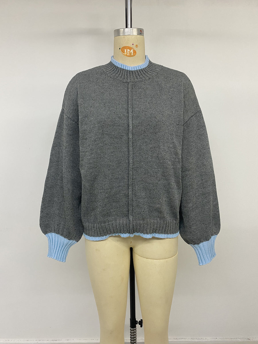Contrast Trim Crew Neck Sweater in light blue with contrast trim