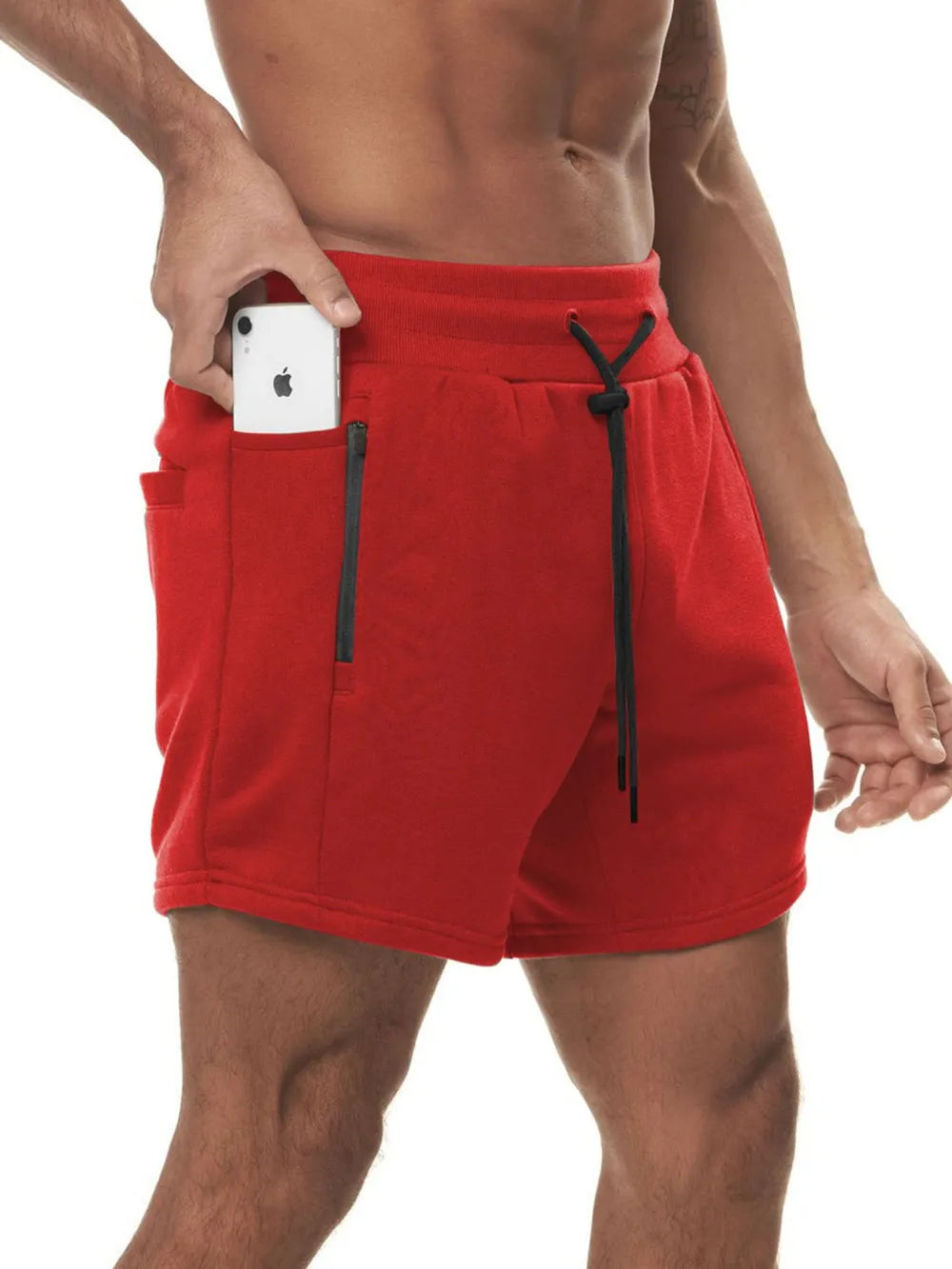 Deep Red performance fleece jogger shorts with drawcord and zippered pockets.
