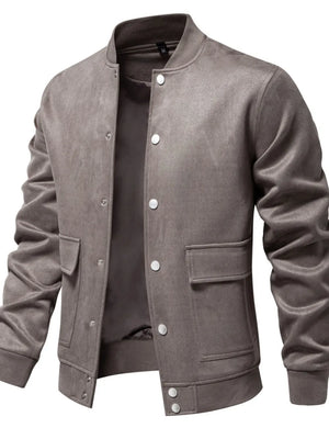 Taupe suede-effect bomber jacket with snap closure and chest pockets.