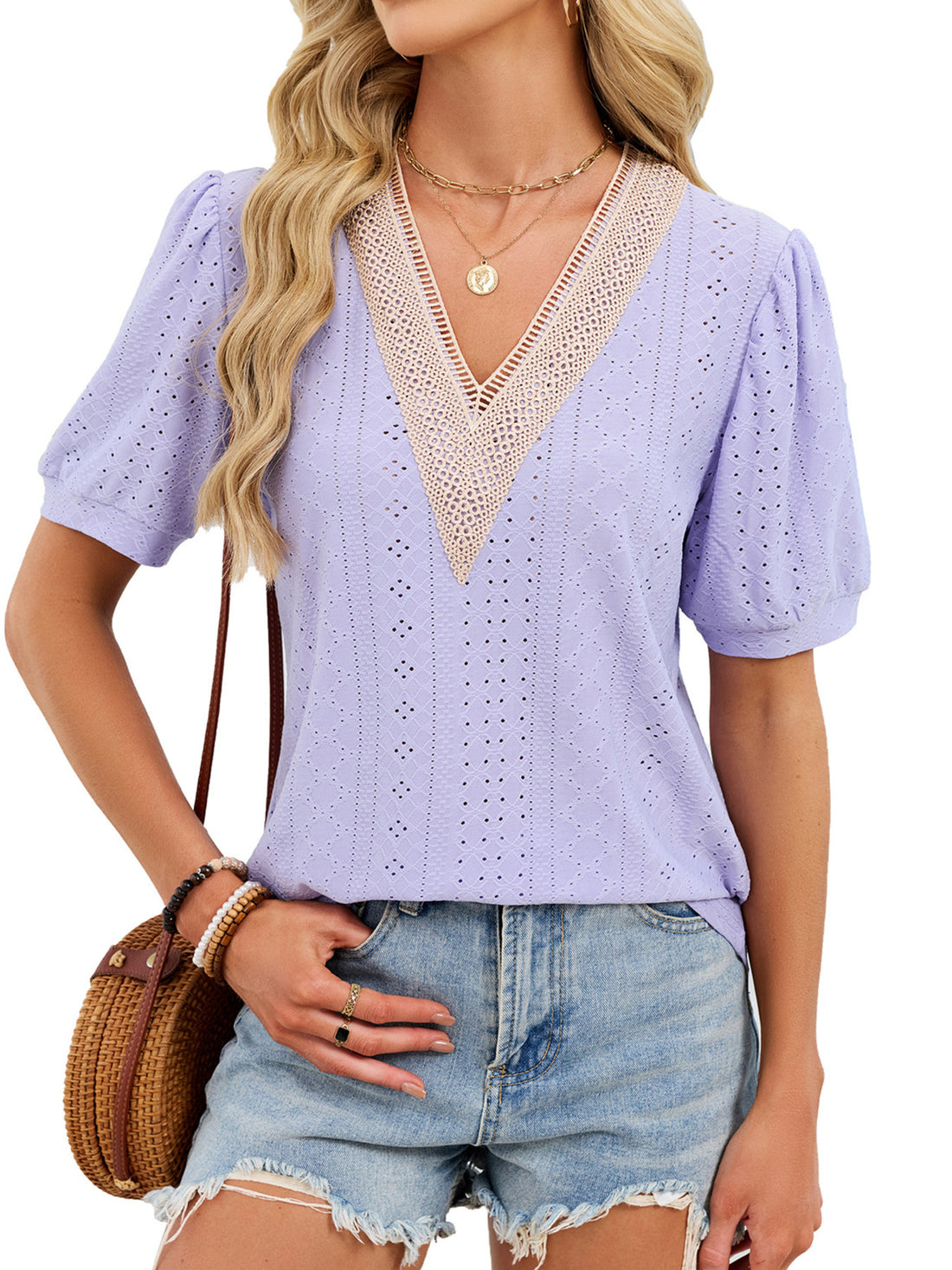 Purple eyelet blouse with lace trim V-neck and puff sleeves