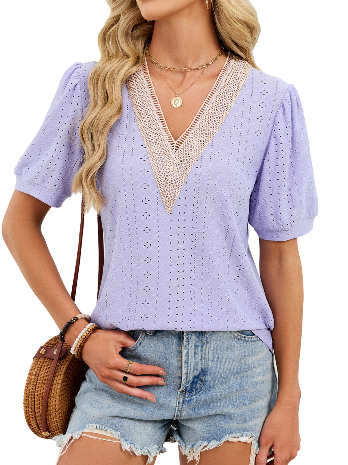 Purple eyelet blouse with lace trim V-neck and puff sleeves