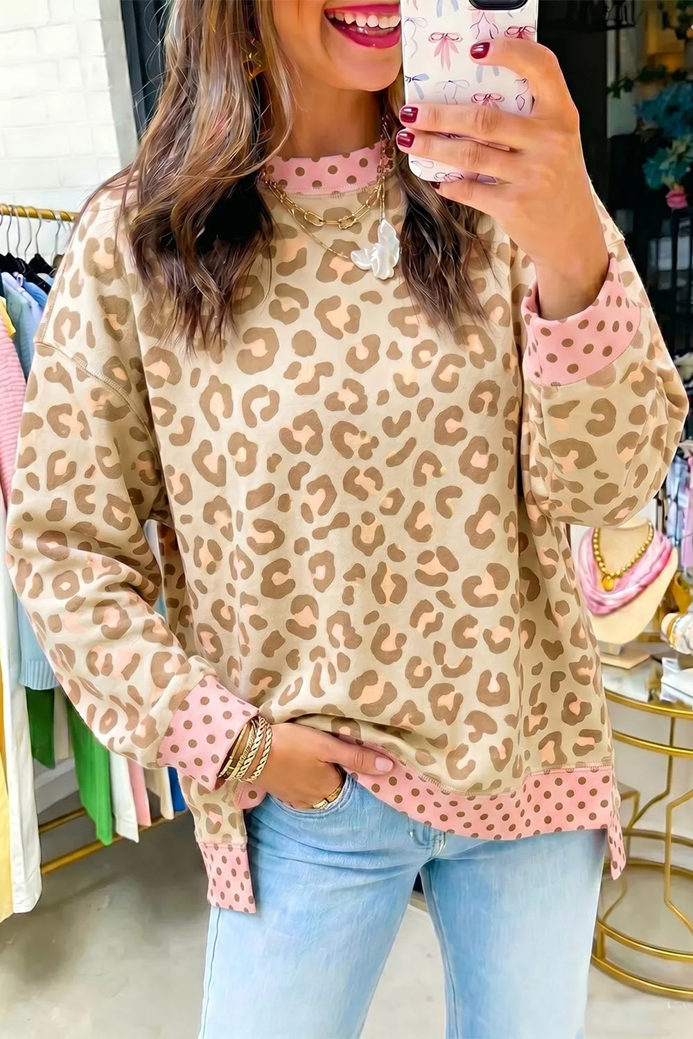 Tan Leopard Print Sweatshirt With Polka Dot Accents