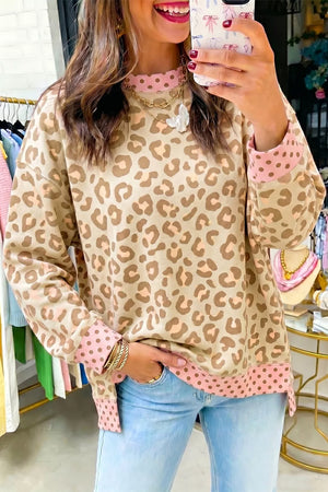 Tan Leopard Print Sweatshirt With Polka Dot Accents