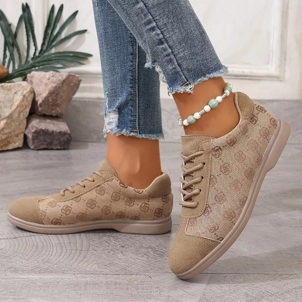 Khaki lace-up casual sneakers with allover monogram pattern and suede toe cap