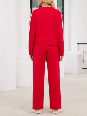 Striped Round Neck Sweatshirt And Pants Set in Black, view 16