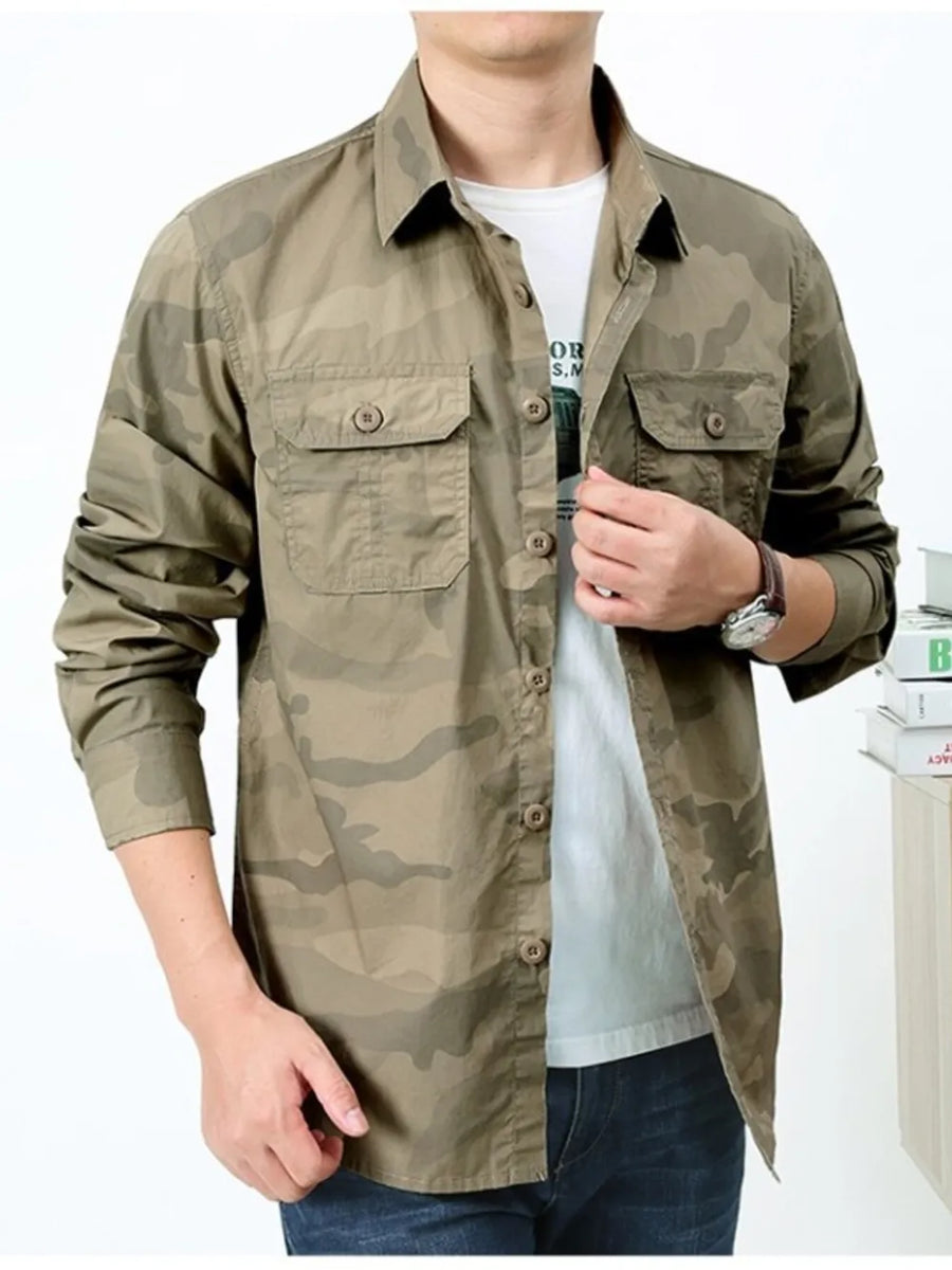 Khakis with Men's Plus Size Camouflage Print Long Sleeve Shirt