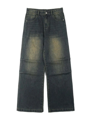 Vintage wash wide-leg men's jeans in dark blue-green cotton with a faded look.