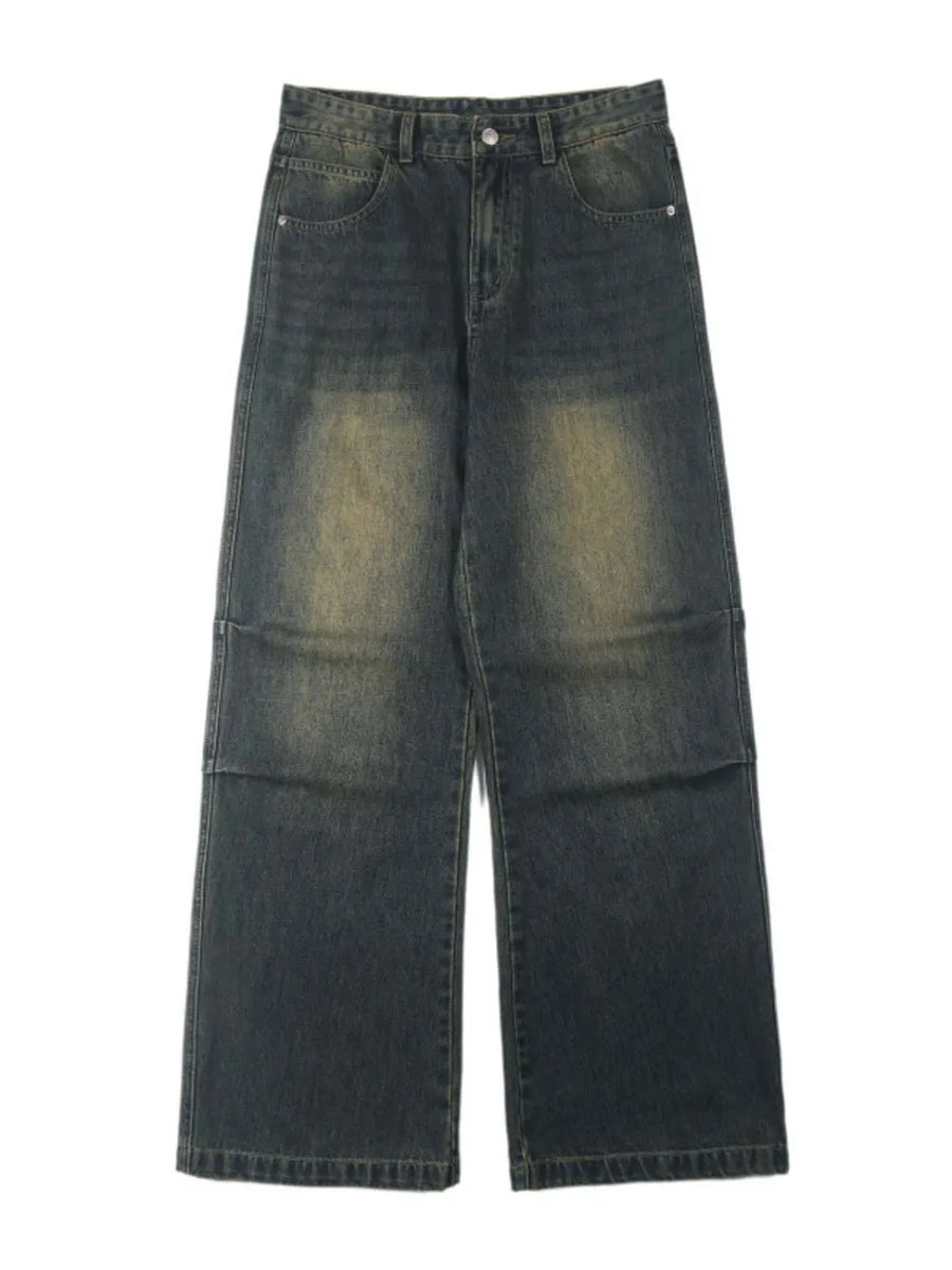 Vintage wash wide-leg men's jeans in dark blue-green cotton with a faded look.