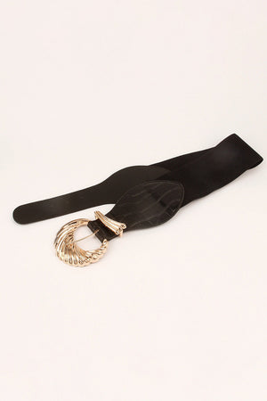 Black elastic belt with croc-embossed detail and sculptural gold buckle.