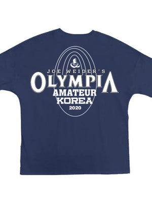 Navy blue oversized graphic tee with Olympia Amateur Korea 2020 print