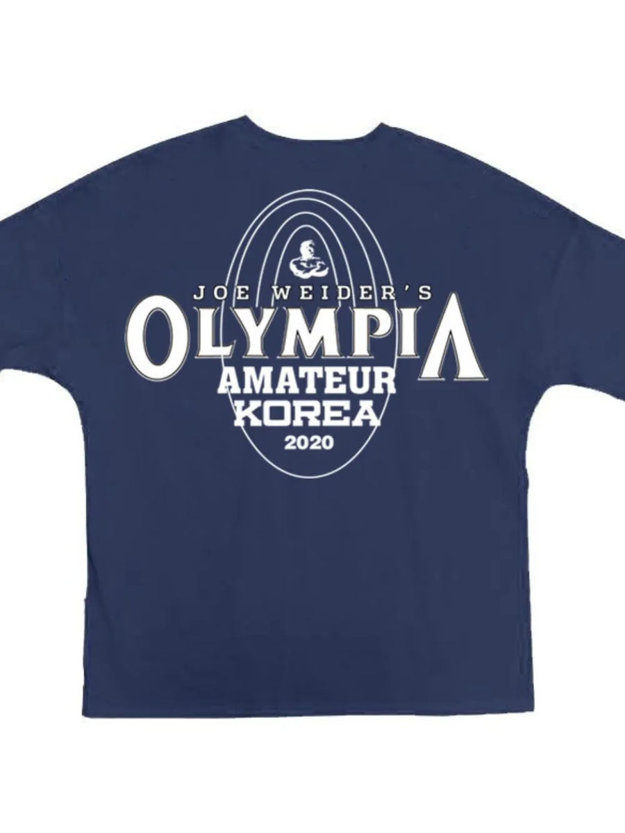 Navy blue oversized graphic tee with Olympia Amateur Korea 2020 print