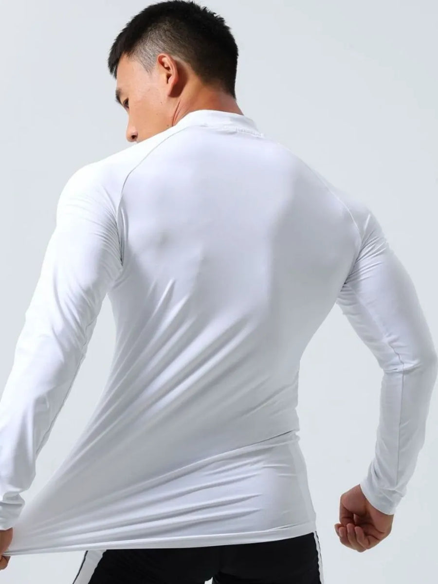 White long sleeve mock neck compression activewear top with stretch fabric