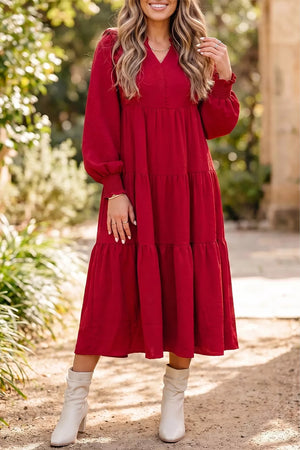 Solid Color Ruffle Trim Tiered Midi Dress